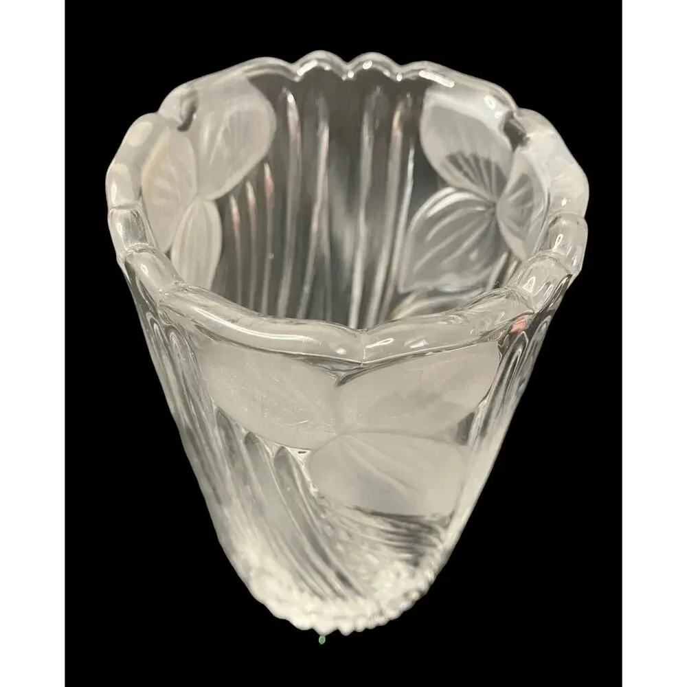 1960s German Bleikristall Anna Hutte Lead Crystal Frosted Iris Flower Rose Vase